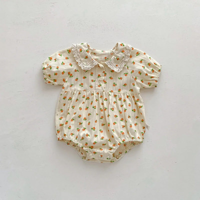 Mazuļu vasaras drēbes jaundzimušo bērnu bodijs meitenēm ar īsām piedurknēm ziedu viengabala mežģīnes Pētera Pena apkakles zīdaiņu toddler meiteņu kombinezons