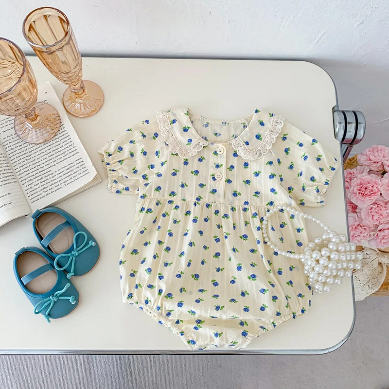 Mazuļu vasaras drēbes jaundzimušo bērnu bodijs meitenēm ar īsām piedurknēm ziedu viengabala mežģīnes Pētera Pena apkakles zīdaiņu toddler meiteņu kombinezons