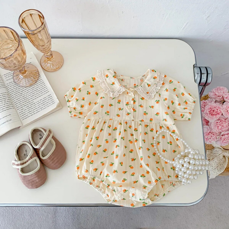 Mazuļu vasaras drēbes jaundzimušo bērnu bodijs meitenēm ar īsām piedurknēm ziedu viengabala mežģīnes Pētera Pena apkakles zīdaiņu toddler meiteņu kombinezons