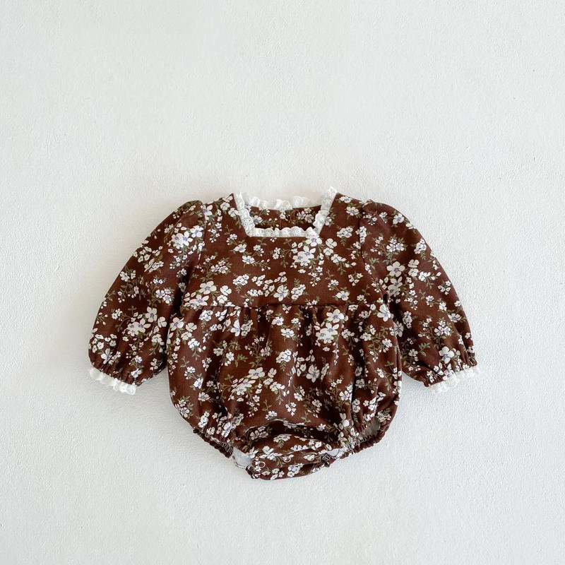 Vintage dječje cvjetne štrample 2023, proljetni pamuk, bodi s dugim rukavima i ovratnikom s volanima, jednodijelna dječja odjeća Odjeća