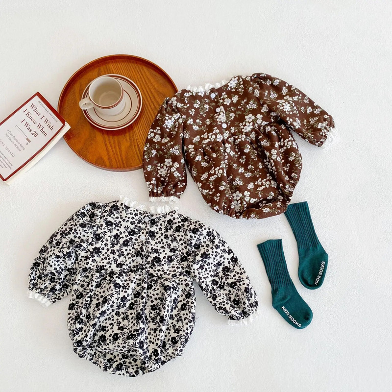 Vintage dječje cvjetne štrample 2023, proljetni pamuk, bodi s dugim rukavima i ovratnikom s volanima, jednodijelna dječja odjeća Odjeća