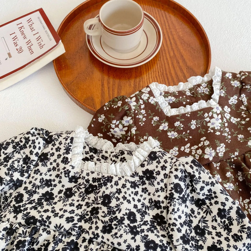 Vintage dječje cvjetne štrample 2023, proljetni pamuk, bodi s dugim rukavima i ovratnikom s volanima, jednodijelna dječja odjeća Odjeća