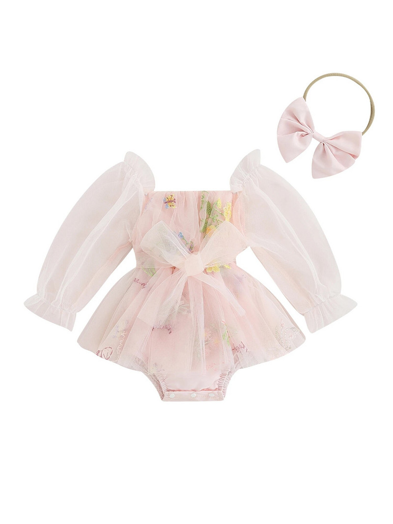 Jaundzimušā zīdaiņa zīdaiņa tilla kleita ar galvas saišu komplekts Cake Smash izšuvumiem, 1 gab. dzimšanas dienas apģērbs