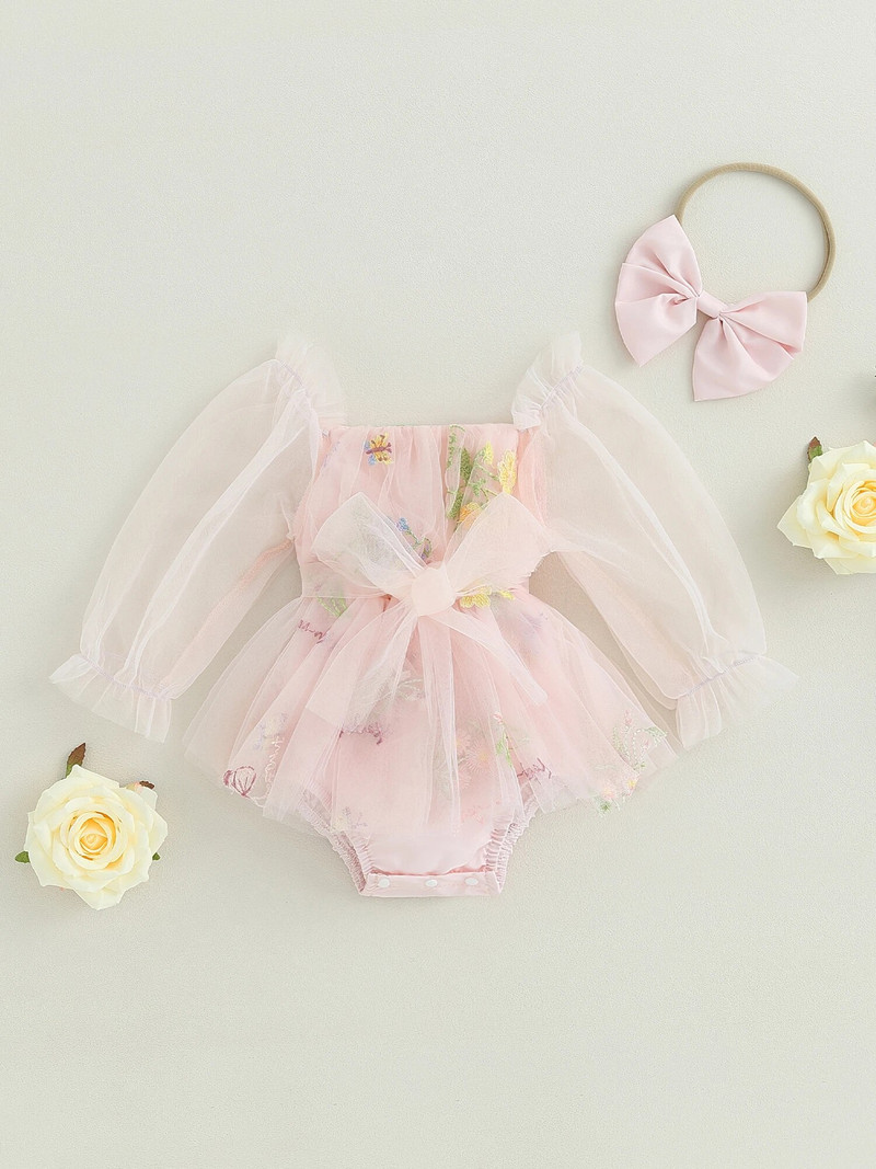 Jaundzimušā zīdaiņa zīdaiņa tilla kleita ar galvas saišu komplekts Cake Smash izšuvumiem, 1 gab. dzimšanas dienas apģērbs