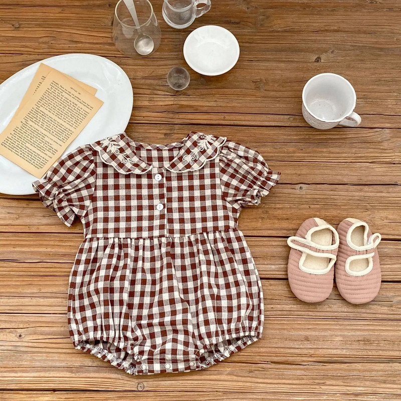 Kūdikių medvilniniai šliaužtinukai Vasariniai naujagimių siuvinėti lėlės apykaklės kombinezonas kūdikiams kūdikių žibintuvėlis rankovėmis mergaičių languotas kombinezonas.