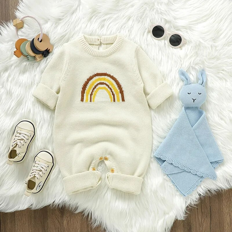 Pletene akrilne gaćice dugih rukava za dječake i djevojčice sa slatkim duginim printom 0-18 mjeseci Proljetni i jesenski kombinezon za dojenčad