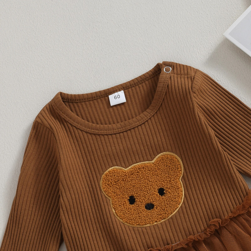 Pudcoco zīdaiņu meiteņu tīklenes kleita ar lāča rakstu ar garām piedurknēm kombinezoni jaundzimušajam, jaukas drēbes 0-18 M