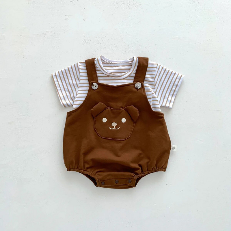 Puuvillased beebiriiete komplektid 2023. aasta suvised beebipoiste karu Body ja triibulised särgid tüdrukute ülikond Unisex väikelaste väikelaste rõivad