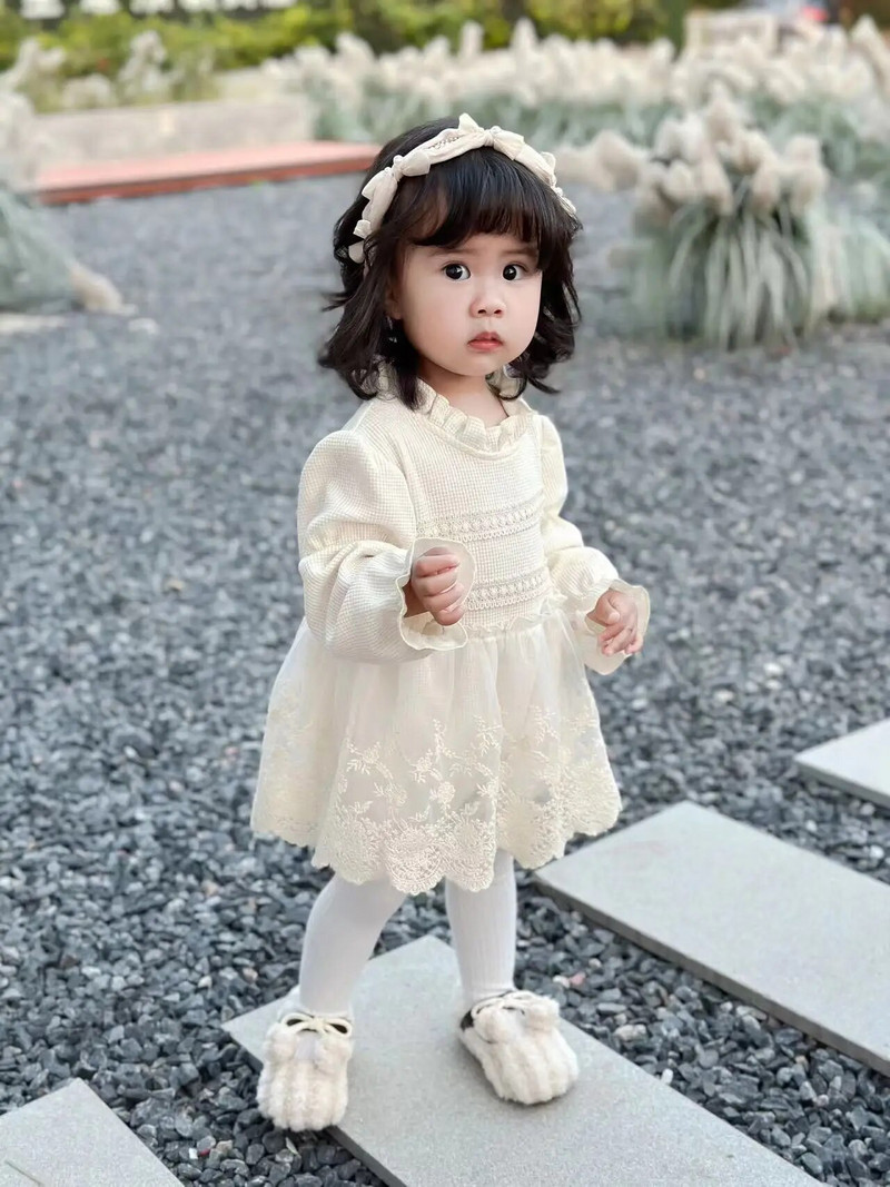 Άνοιξη Φθινόπωρο Μόδα Κορίτσι Μωρό Δαντέλα Κέντημα Λουλούδι Μακρυμάνικο Πριγκίπισσα Φόρεμα Νεογέννητο Βαμβακερό Μασίφ φόρεμα για πάρτι