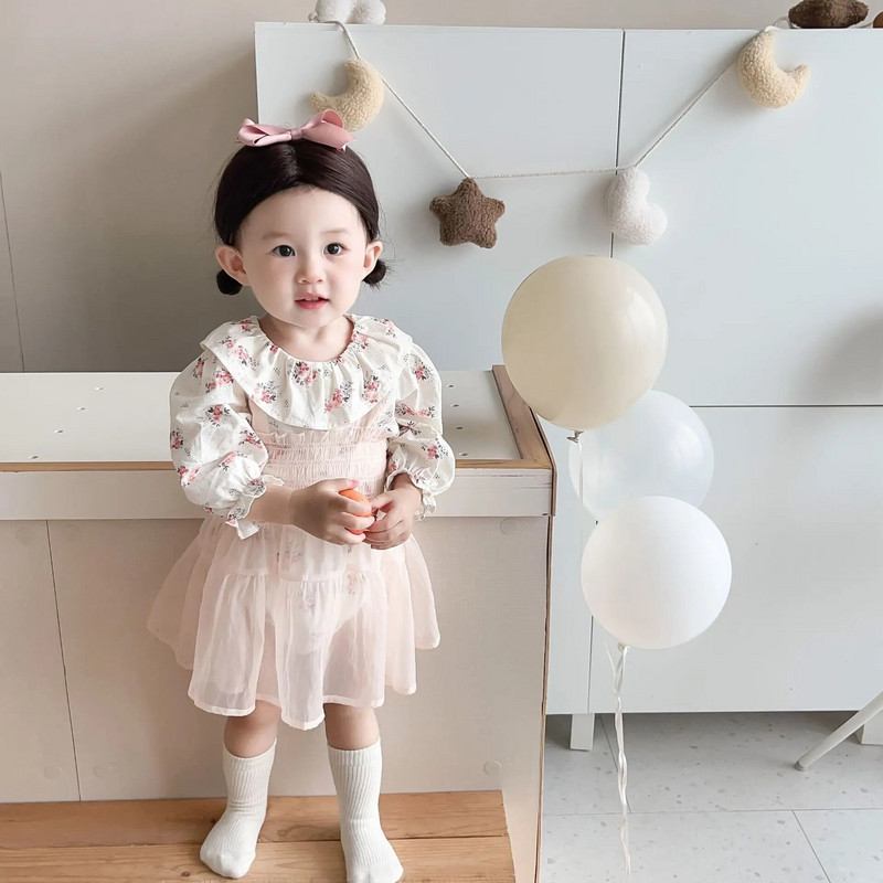 Ins új őszi csecsemő lány baba virágmintás lótusz gallérú Body öltöny újszülött pamut tömör hálós nadrágtartó ruha + Onesie 2db