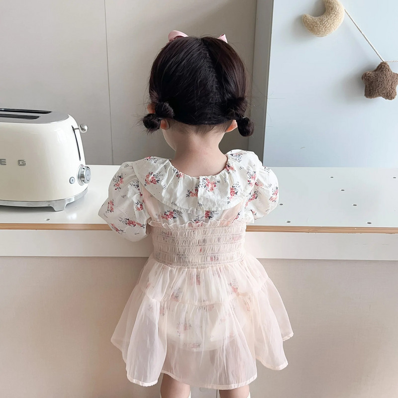 Ins új őszi csecsemő lány baba virágmintás lótusz gallérú Body öltöny újszülött pamut tömör hálós nadrágtartó ruha + Onesie 2db