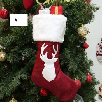 Луксозен коледен чорап и поставка за подаръци с бродиран червен лен и празничен дизайн на елени