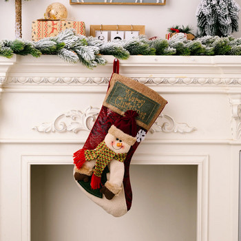 1τμχ χριστουγεννιάτικες κάλτσες, μεγάλο λινό κέντημα, ηλικιωμένος χιονάνθρωπος και στυλ αλκών, μονοκόμματο