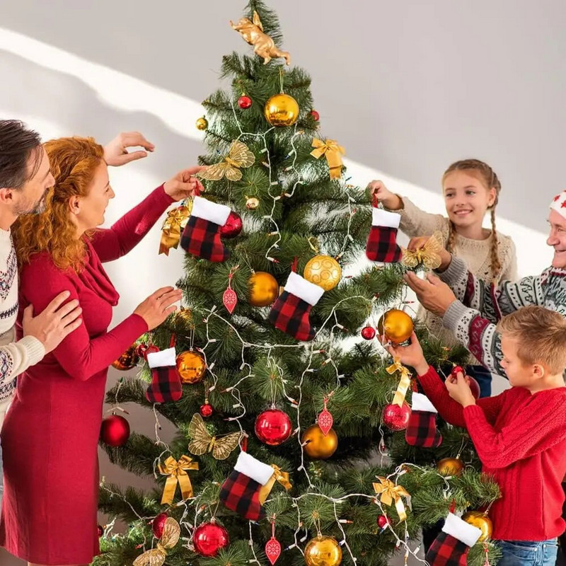 Radošs Ziemassvētku kulonu dāvanu maisiņš Sarkans un melns lina rūtains plīša apmales konfekšu uzglabāšanas konteineri ballīšu rotājumi