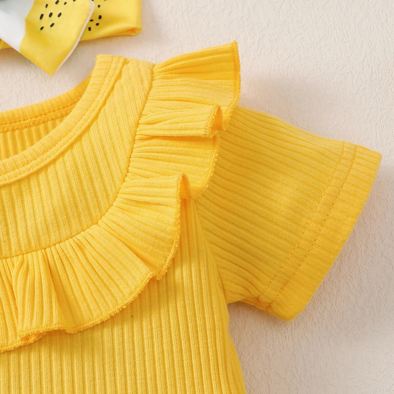 Odjeća za male djevojčice Jednobojna ljetna majica kratkih rukava + kratke hlače s uzorkom limuna od 2 komada Komplet modne odjeće za dojenčad