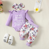 Őszi kislány ruha szett divat kisgyermek betűnyomtatás hosszú ujjú lila felsők Virágos nadrágok fejpánt 3 db ruházati ruhák
