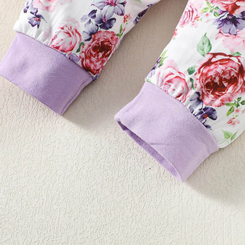 Őszi kislány ruha szett divat kisgyermek betűnyomtatás hosszú ujjú lila felsők Virágos nadrágok fejpánt 3 db ruházati ruhák