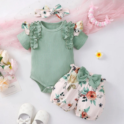 3 τμχ Βρεφικά βρεφικά ρούχα κοριτσιού Καλοκαιρινή άνοιξη βαμβακερά casual σύνολα Σετ γράμμα κορμάκι Φιόγκος σορτς κεφαλόδεσμος Βρεφικά ρούχα