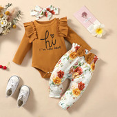 Jauns zīdaiņu apģērbu komplekts, volāns, garām piedurknēm, puķes ar ziedu apdruku tauriņi, bikses, tērpi zīdaiņu modei, pavasara rudens, tērpi