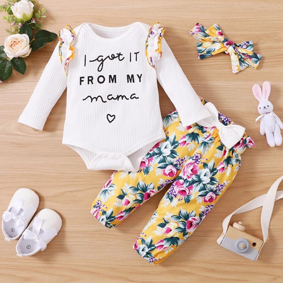 Jauns zīdaiņu apģērbu komplekts, volāns, garām piedurknēm, puķes ar ziedu apdruku tauriņi, bikses, tērpi zīdaiņu modei, pavasara rudens, tērpi