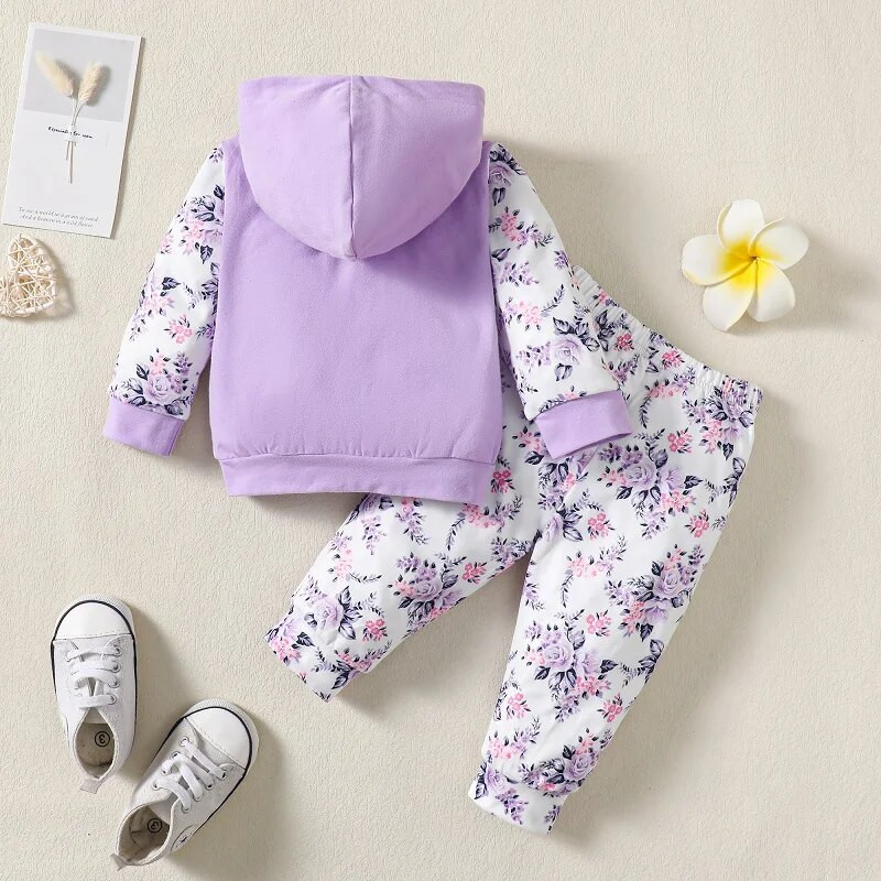 Komplet odjeće za malu djevojčicu, proljeće i jesen, majica s kapuljačom s printom i slovima, majica s kapuljačom + hlače s printom cvijeća, odjeća za novorođenče od 2 kom.