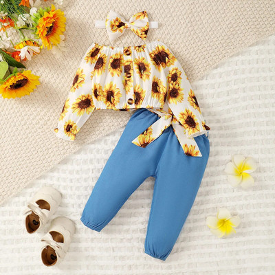 Proljeće, jesen, komplet odjeće za novorođenče, majica s printom suncokreta, jednobojne hlače, traka za glavu, 3 kom. Modna odjeća za dojenčad