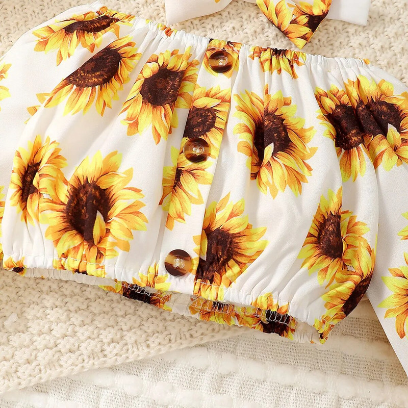 Proljeće, jesen, komplet odjeće za novorođenče, majica s printom suncokreta, jednobojne hlače, traka za glavu, 3 kom. Modna odjeća za dojenčad