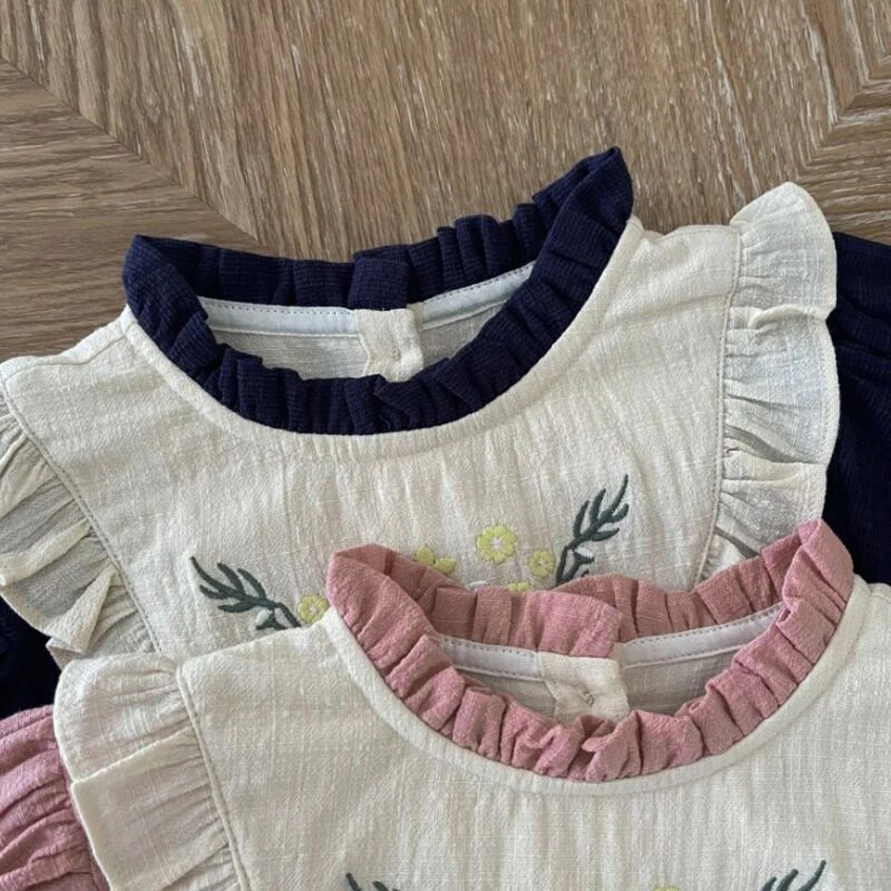 Mazuļu vasaras drēbītes meitenēm Zīdaiņu puķu izšuvumi Bodiji ar īsām piedurknēm Džumots kokvilnas volānveida apkakle, toddler raibs krekliņš