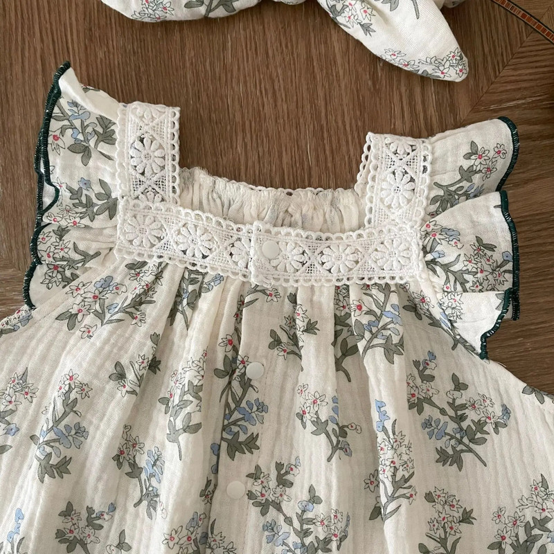 Ljetne štrample za djevojčice 2023. Čipkasti kombinezon s četvrtastim ovratnikom i cvjetnim motivima Pamučni kombinezon s letećim rukavima za dojenčad + traka za glavu Odjeća za djevojčice