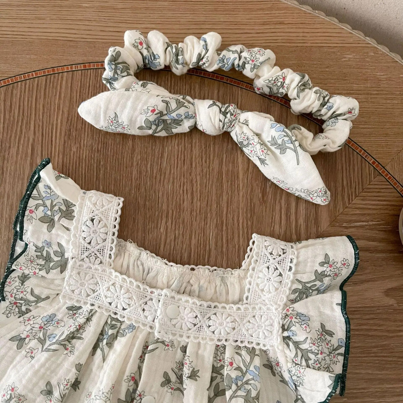 Ljetne štrample za djevojčice 2023. Čipkasti kombinezon s četvrtastim ovratnikom i cvjetnim motivima Pamučni kombinezon s letećim rukavima za dojenčad + traka za glavu Odjeća za djevojčice