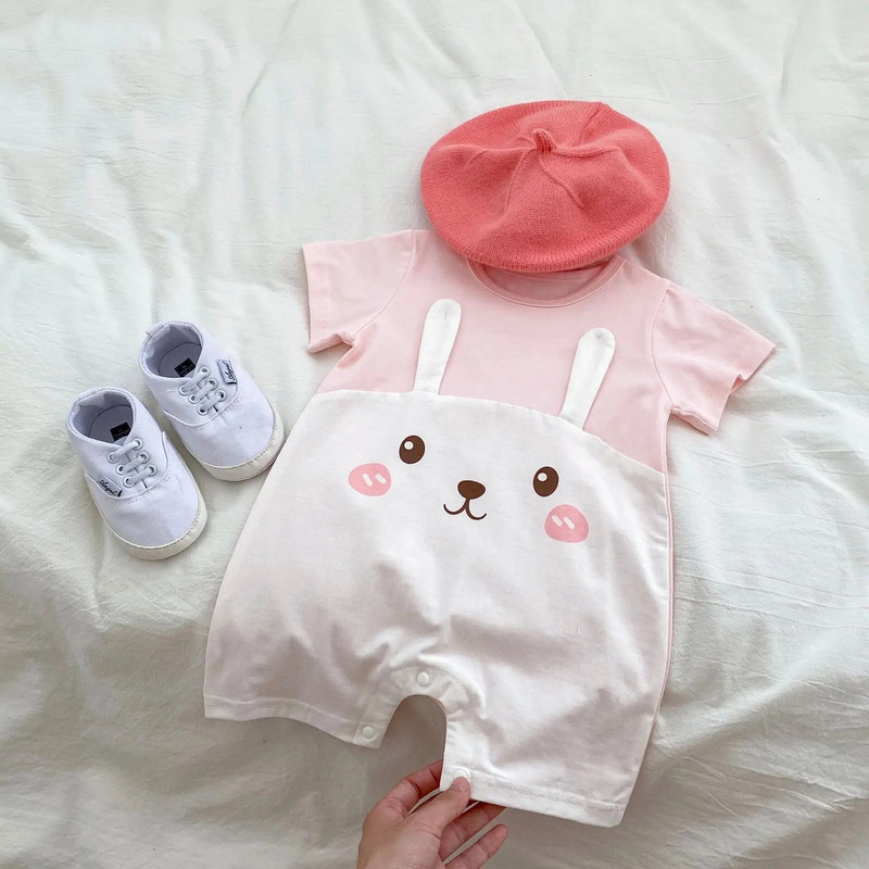 2023 m. vasaros animacinis filmas naujagimiams berniukams, plonos medvilnės trumpomis rankovėmis, mergaičių triušio kombinezonas, mažylių drabužiai