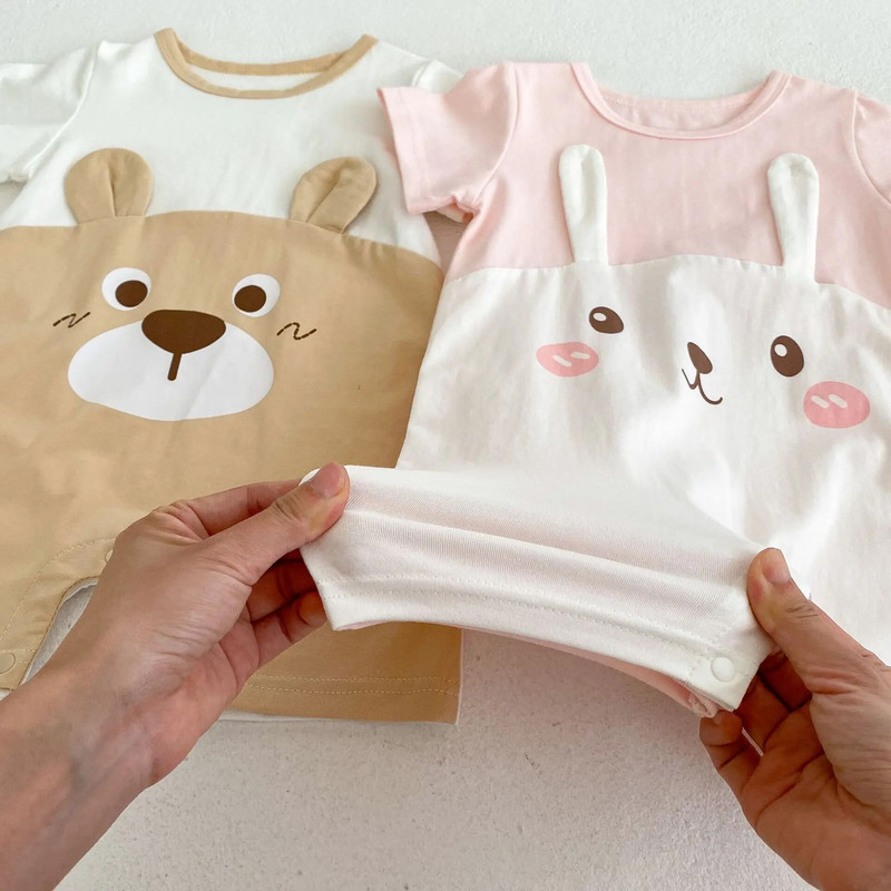 2023 m. vasaros animacinis filmas naujagimiams berniukams, plonos medvilnės trumpomis rankovėmis, mergaičių triušio kombinezonas, mažylių drabužiai