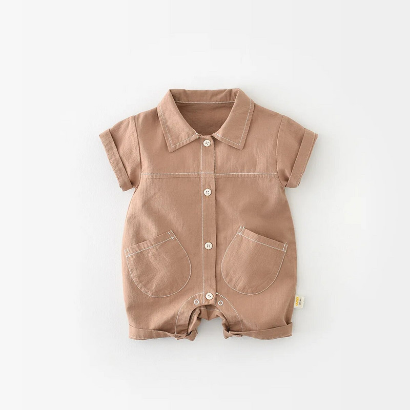 Mazuļu drēbes zēnu 2023. gada vasaras modes kombinezoni zīdaiņiem vienkrāsains, vienkāršs mazuļu zēnu kokvilnas kombinezons ar īsām piedurknēm