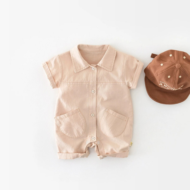 Mazuļu drēbes zēnu 2023. gada vasaras modes kombinezoni zīdaiņiem vienkrāsains, vienkāršs mazuļu zēnu kokvilnas kombinezons ar īsām piedurknēm
