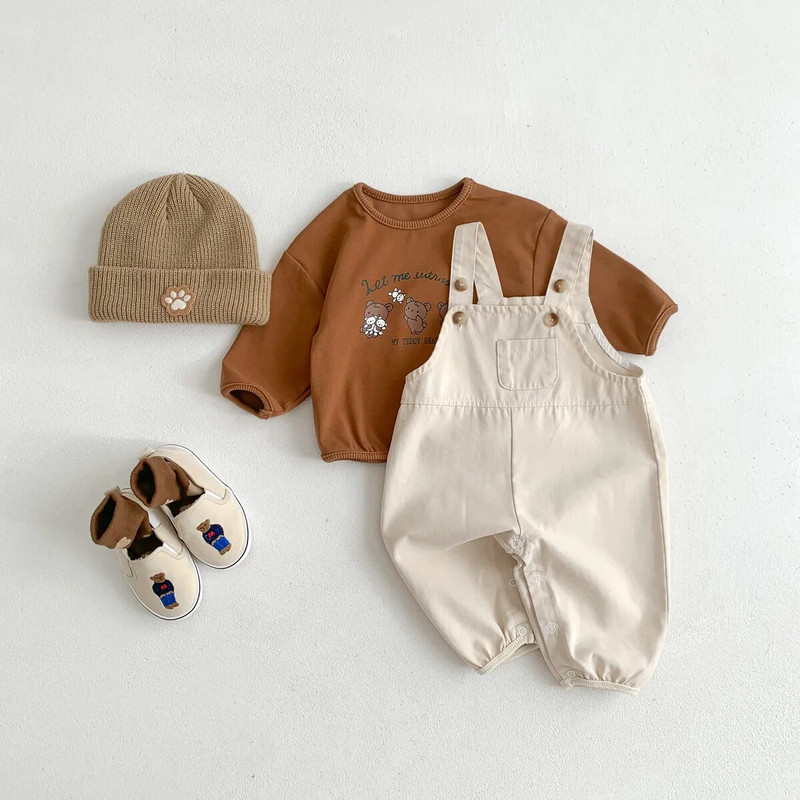 Baba kezeslábas 2023 tavaszi, egyszerű szolid baba fiú ujjatlan jumpsuit Alkalmi bő kisgyermek lány kezeslábas gyerekeknek nadrágtartó