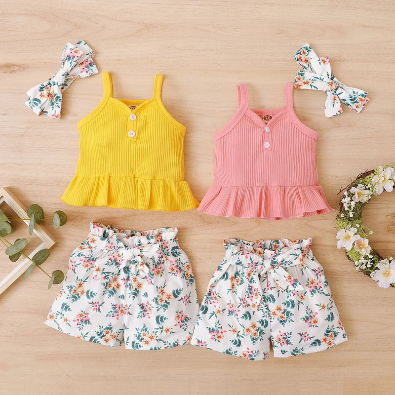 Ljetna odjeća za djevojčice od 3 kom. Slatke plažne boho hlače s naramenicama s volanima Kratke hlačice s cvjetnim motivima Odjeća za malu djecu Odjeća za djevojčice
