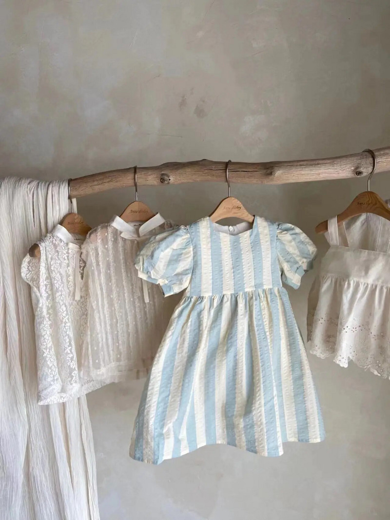 2023. gada vasaras bērnu apģērbi Jaundzimušo zīdaiņu meiteņu bodijs, svītrains viendaļīgs kombinezons vai mazuļu meiteņu princešu kleitas ar pufām piedurknēm