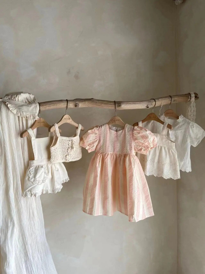 2023. gada vasaras bērnu apģērbi Jaundzimušo zīdaiņu meiteņu bodijs, svītrains viendaļīgs kombinezons vai mazuļu meiteņu princešu kleitas ar pufām piedurknēm