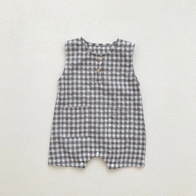 Modes bezpiedurkņu vasaras autiņbiksītes 2022. gada korejiešu zēnu rūtains, kabatas kombinezons, maza meitene, brīvs kokvilnas apģērbs, zīdaiņu apģērbs