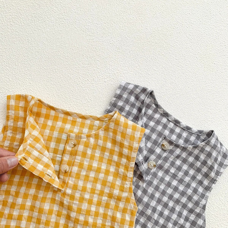 Modes bezpiedurkņu vasaras autiņbiksītes 2022. gada korejiešu zēnu rūtains, kabatas kombinezons, maza meitene, brīvs kokvilnas apģērbs, zīdaiņu apģērbs