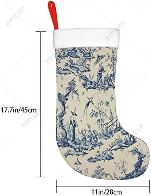 Blue Chinoiserie Senās tautas mākslas Ziemassvētku zeķes Poliestera zeķes ģimenes svētkiem Ziemassvētku dekorēšanai Classic