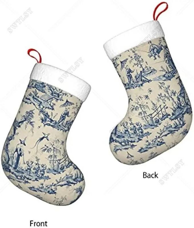 Blue Chinoiserie Senās tautas mākslas Ziemassvētku zeķes Poliestera zeķes ģimenes svētkiem Ziemassvētku dekorēšanai Classic