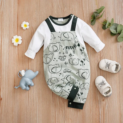 Pavasara un rudens stils zēniem un meitenēm jauka multfilma zilonis ar pilnu apdruku viltus siksniņa kokvilnas garām piedurknēm mazuļa bodijs