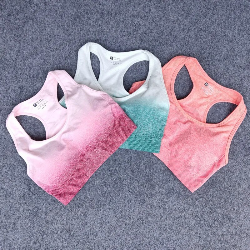 Омбре комплект за фитнес Дамски комплект за йога Спортен сутиен+Безшевни клинове Тренировка Спортно облекло Фитнес облекло Спортен костюм с висока талия Бягане