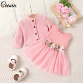 Ceeniu 3-24M Suknelės kūdikiams Vafliniai paltai Striukė ir siuvinėjimas Tinklinė suknelė mergaitėms Saldi rudens ir žiemos drabužiai naujagimiui