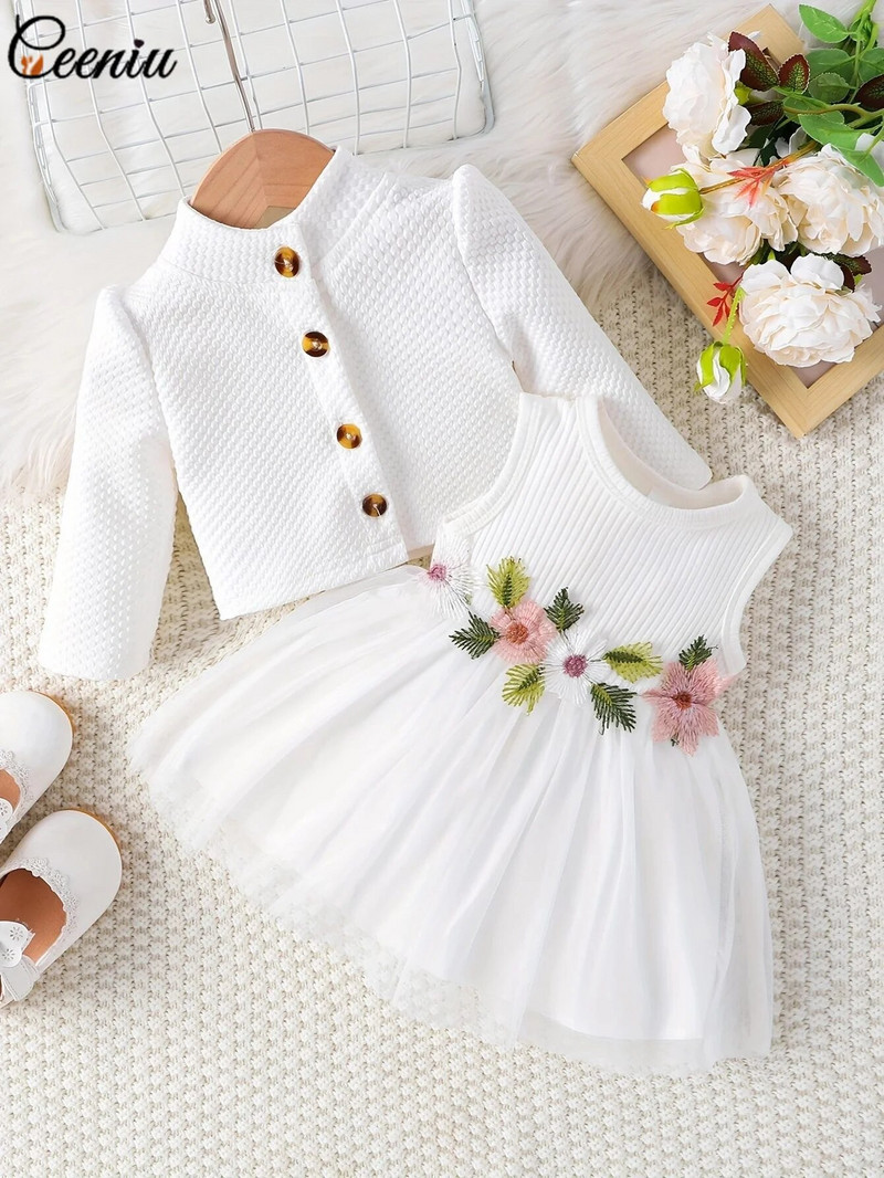 Ceeniu 3-24M Suknelės kūdikiams Vafliniai paltai Striukė ir siuvinėjimas Tinklinė suknelė mergaitėms Saldi rudens ir žiemos drabužiai naujagimiui