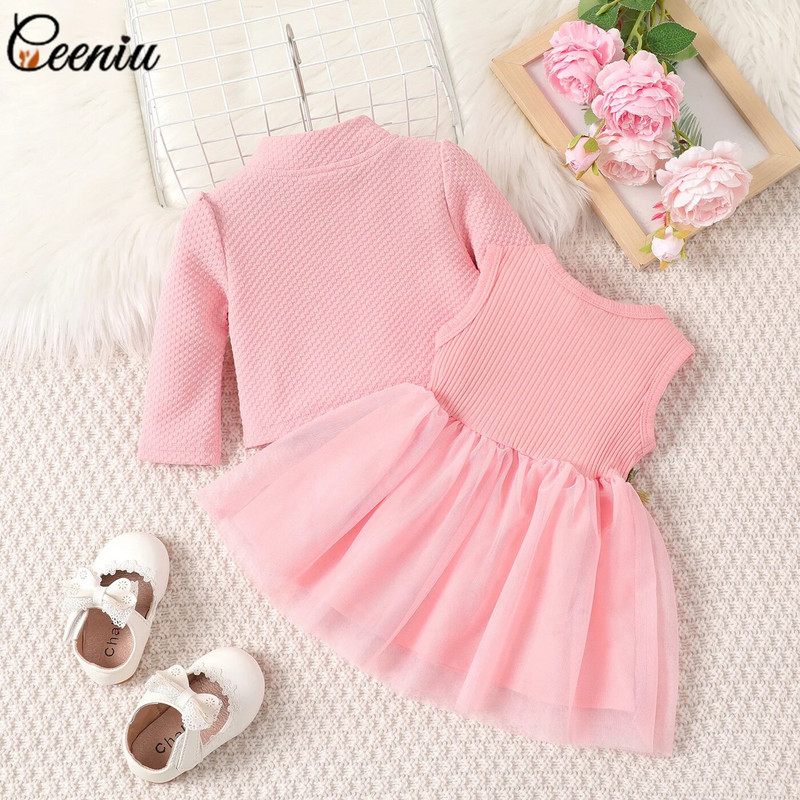 Ceeniu 3-24M Suknelės kūdikiams Vafliniai paltai Striukė ir siuvinėjimas Tinklinė suknelė mergaitėms Saldi rudens ir žiemos drabužiai naujagimiui