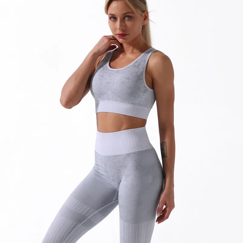 Spordirinnahoidja komplekt Spordidress Naistele Fitness Jõusaali riided Õmblusteta joogaülikond Camo Crop Tank Top Jooksu säärised Treening Spordirõivad