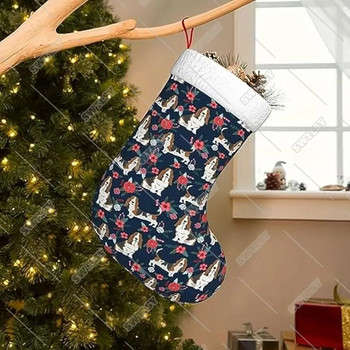 Basset Hound Floral Dog Dog Dog with Flowers Navy Blue Χριστουγεννιάτικες κάλτσες Διακοσμήσεις, Χριστουγεννιάτικες κρέμες στο τζάκι