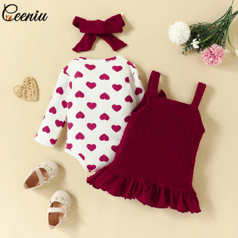 Ceeniu 0-18M kūdikių žieminių drabužių rinkiniai su raukta apykakle Heart Romper Bodysuit + Megztos lapės suknelės naujagimių mergaičių komplektai